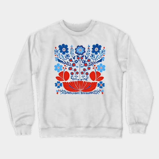 Red and Blue Scandinavian Folk Art Flowers Crewneck Sweatshirt by craftydesigns